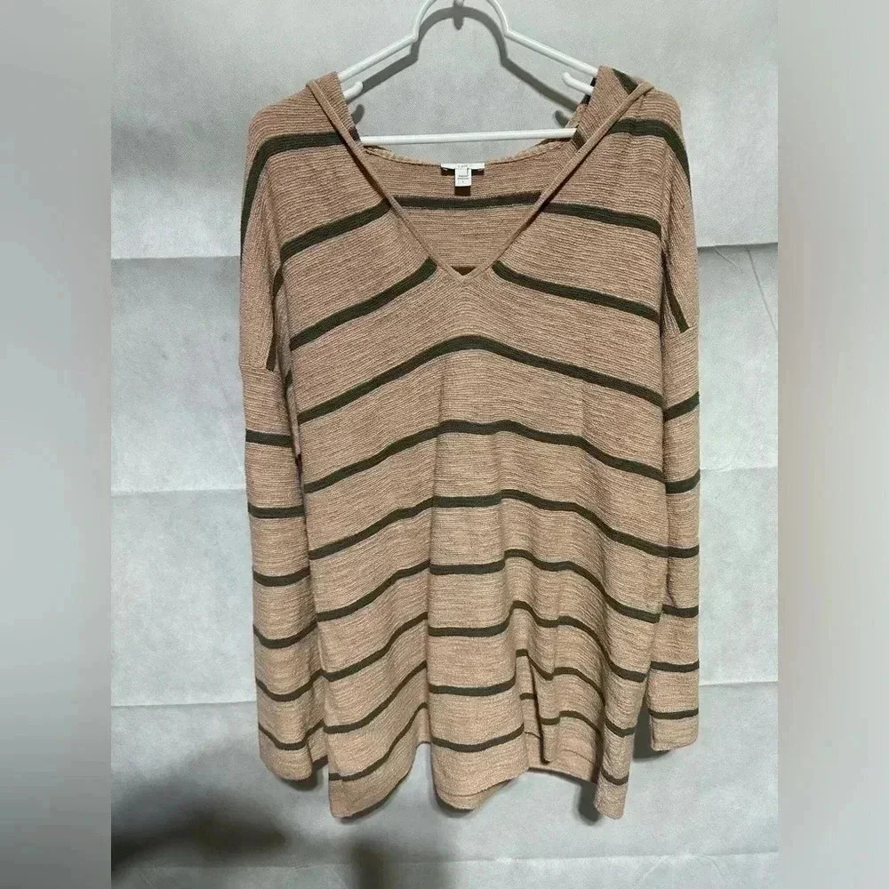 J Jill Knit Hoodie Pullover Size L Pink Green Stripe Bell Sleeve V Neck Cotton